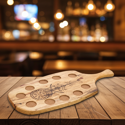 10er Schnapsbrett aus Buche mit Wikinger-Kompass – Handgefertigt inkl. 10 Schnapsgläser - Maloah Handmade Design