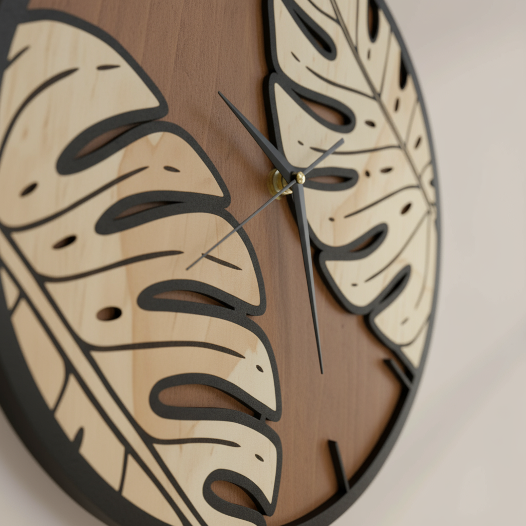 Handgefertigte Monstera Wanduhr aus Kiefernholz mit schwarzem Ziffernblatt 38cm Durchmesser