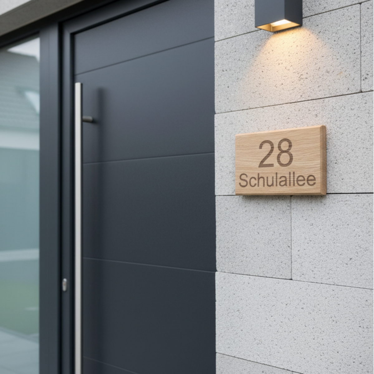 Haustürschild aus Holz mit Hausnummer und Straßenname