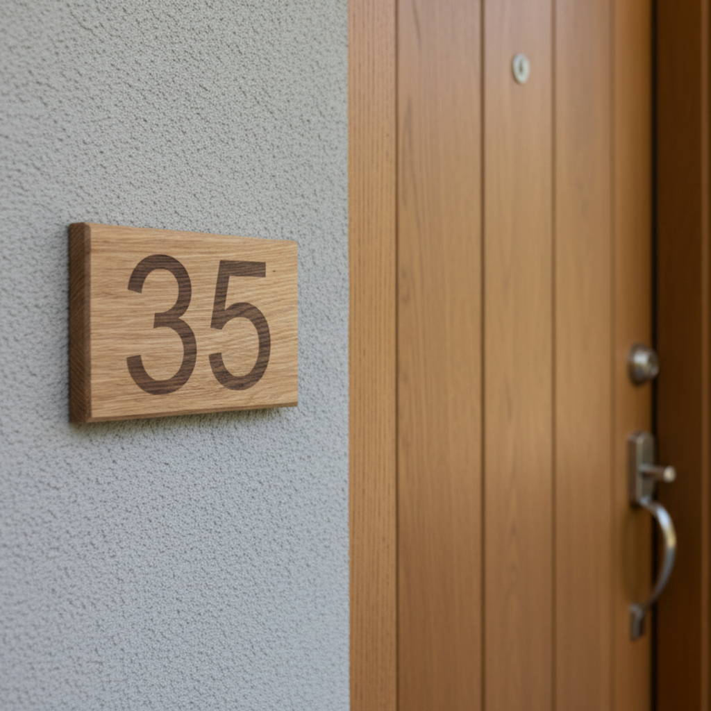 Personalisiertes Haustürschild aus Eiche mit Hausnummer 35
