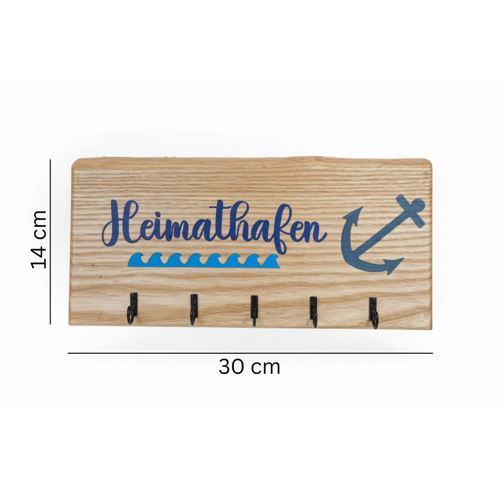 Schlüsselbrett Esche „Heimathafen" – Mit Welle und Ankerhaken - Maloah Handmade Design