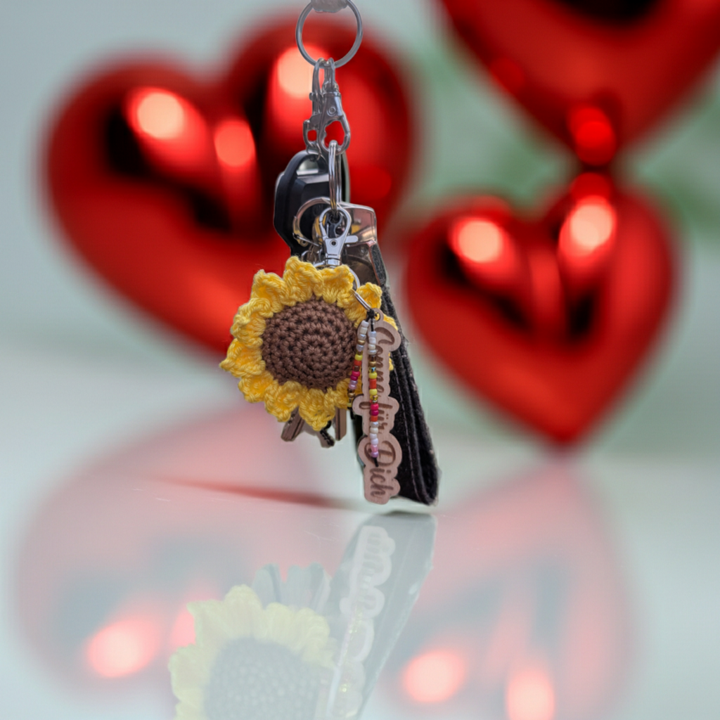 Komplimentenblume Schlüsselanhänger - Handgemachte Häkelblume mit 6 Sprüchen - Maloah Handmade Design