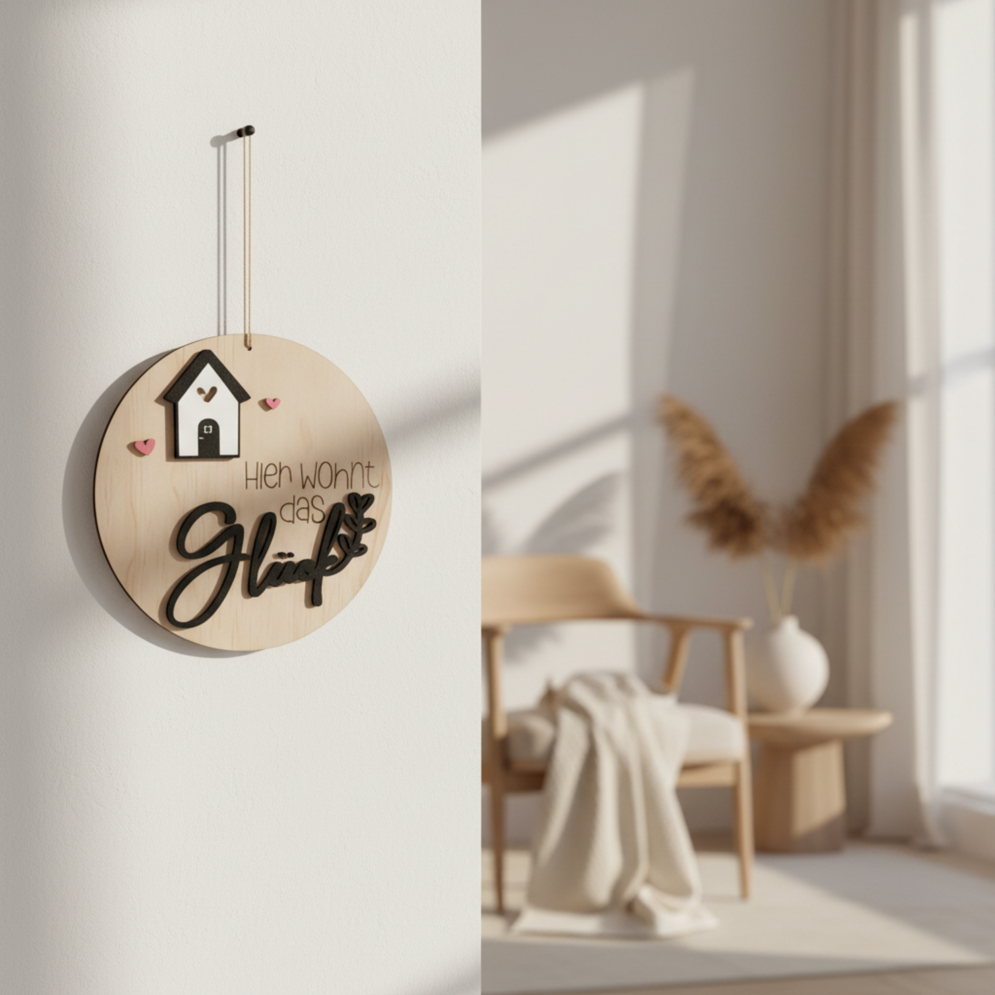 Hier wohnt das Glück" - Holz rund mit Häuschen-Motiv - Maloah Handmade Design