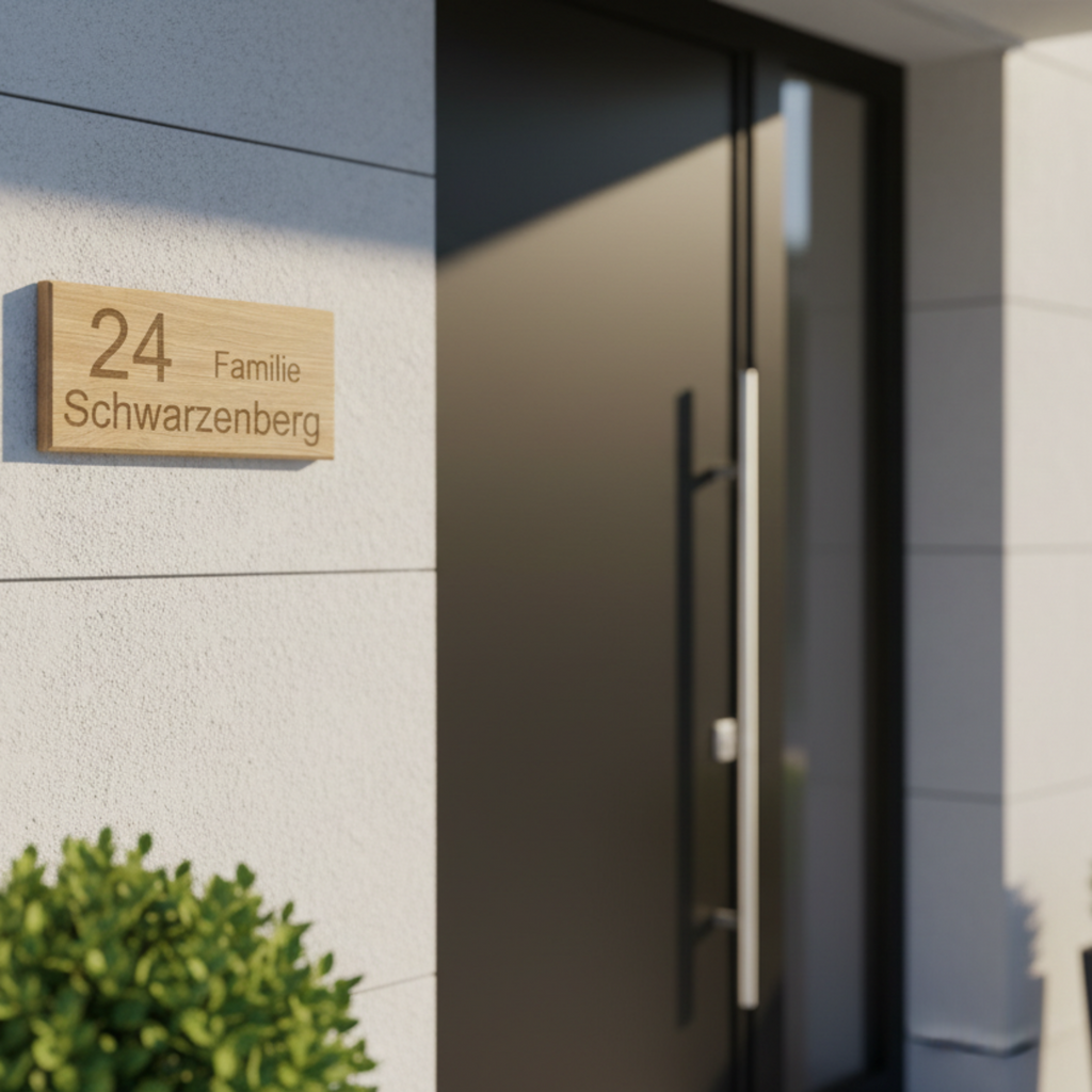 Personalisiertes Holzschild mit Hausnummer und Familienname