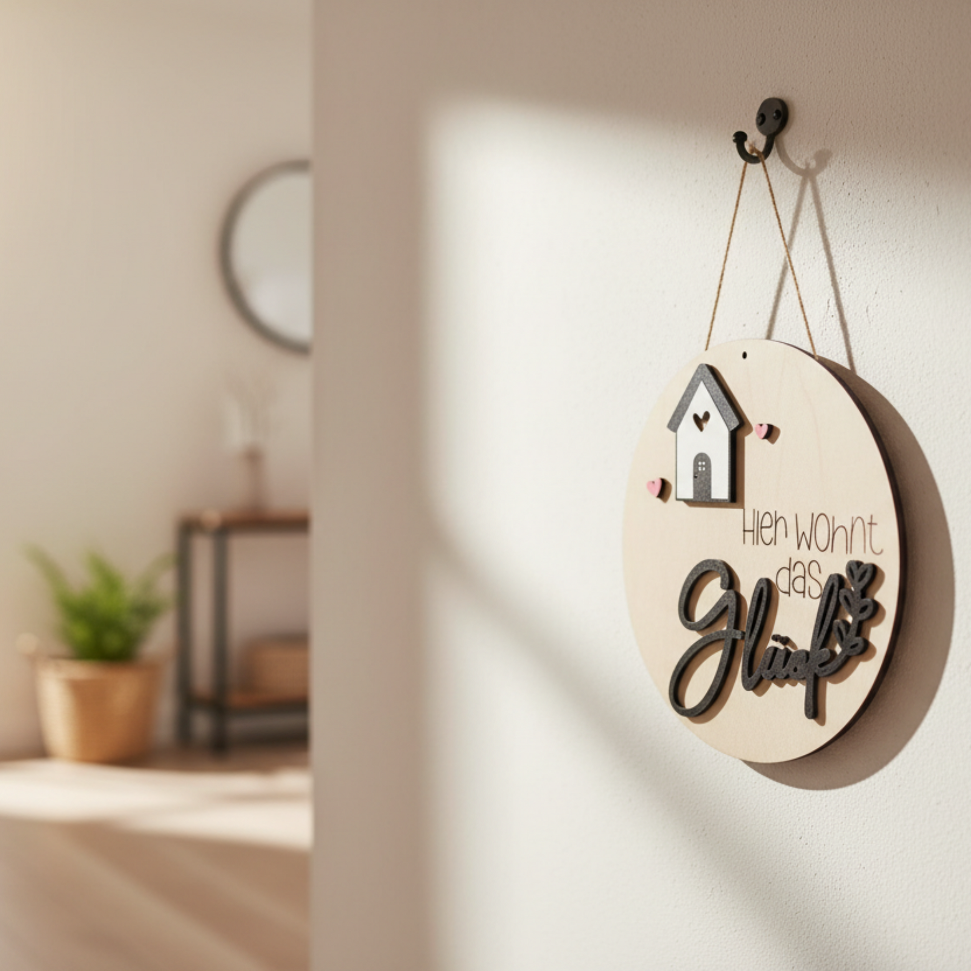 Holzschild "Hier wohnt das Glück" - Holz rund mit Häuschen-Motiv - Maloah Handmade Design