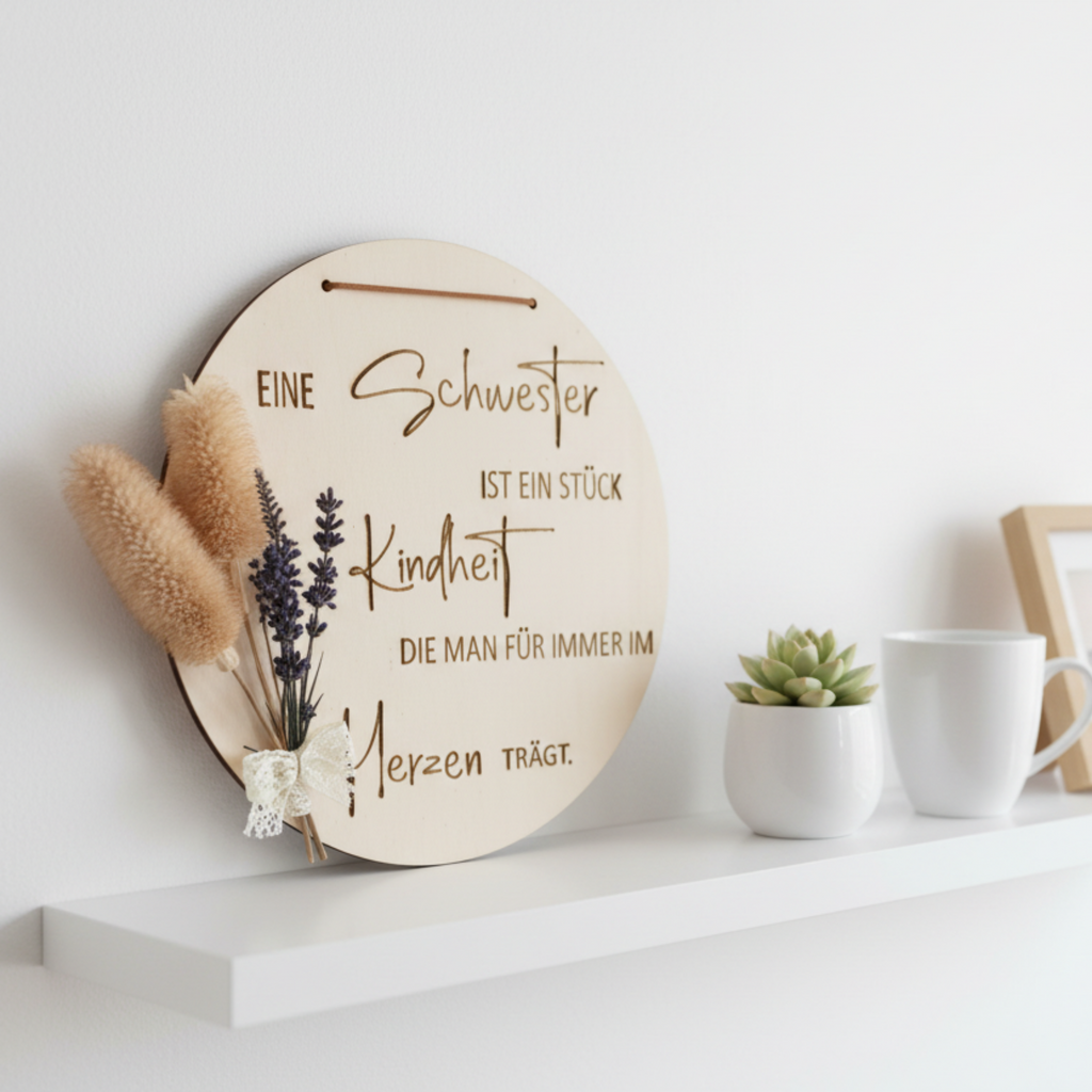 Holzschild Schwester auf Regal mit Größenvergleich