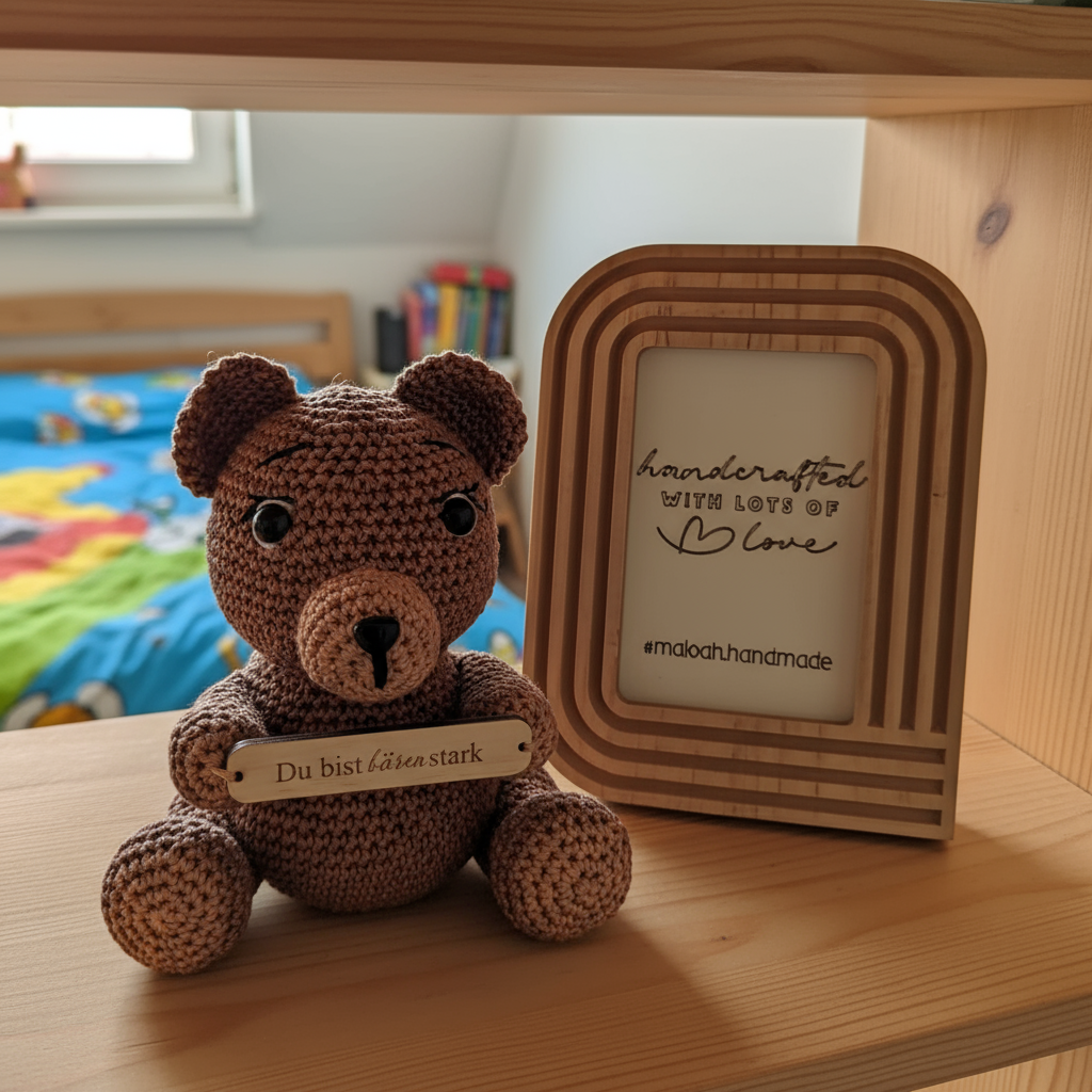 Gehäkelter Teddy mit Holzschild „Du bist bärenstark“ - Maloah Handmade Design