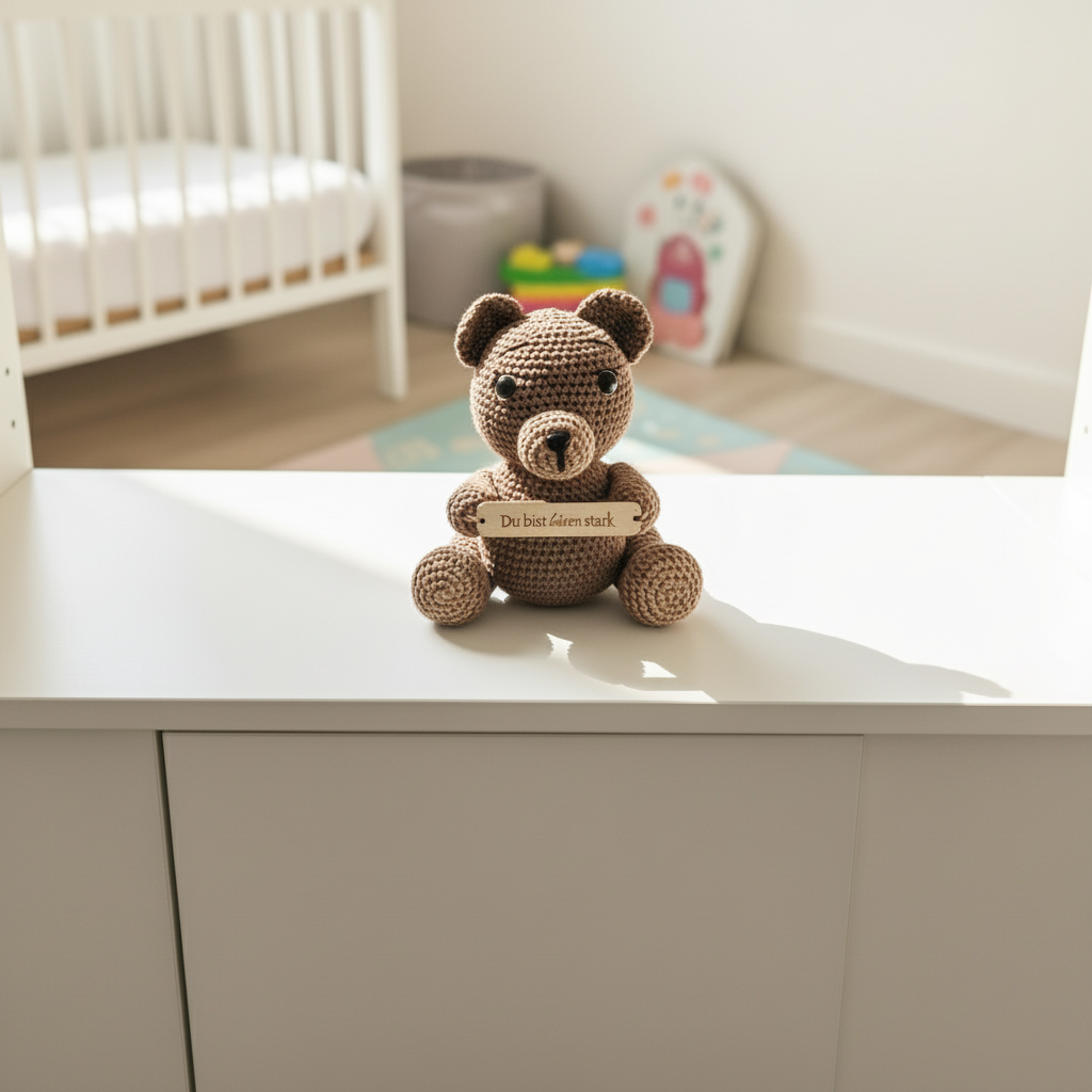 Gehäkelter Teddy mit Holzschild „Du bist bärenstark“ - Maloah Handmade Design