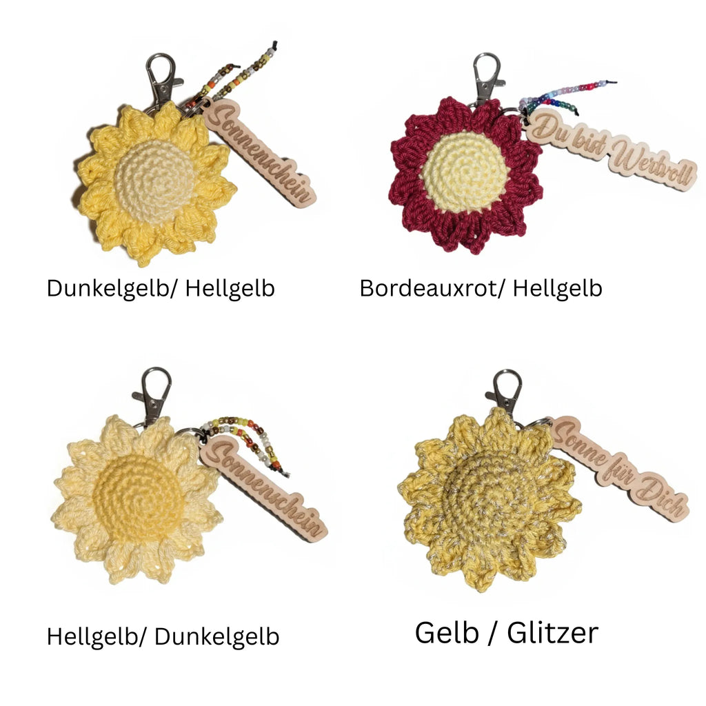 Komplimentenblume Schlüsselanhänger - Handgemachte Häkelblume mit 6 Sprüchen - Maloah Handmade Design