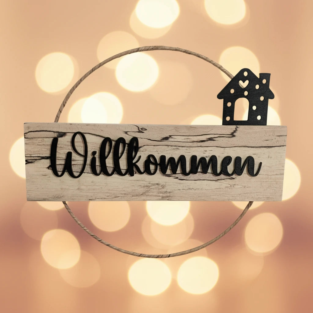 Türkranz Willkommen Handgefertigt | Holz Haus 30cm - Maloah Handmade Design