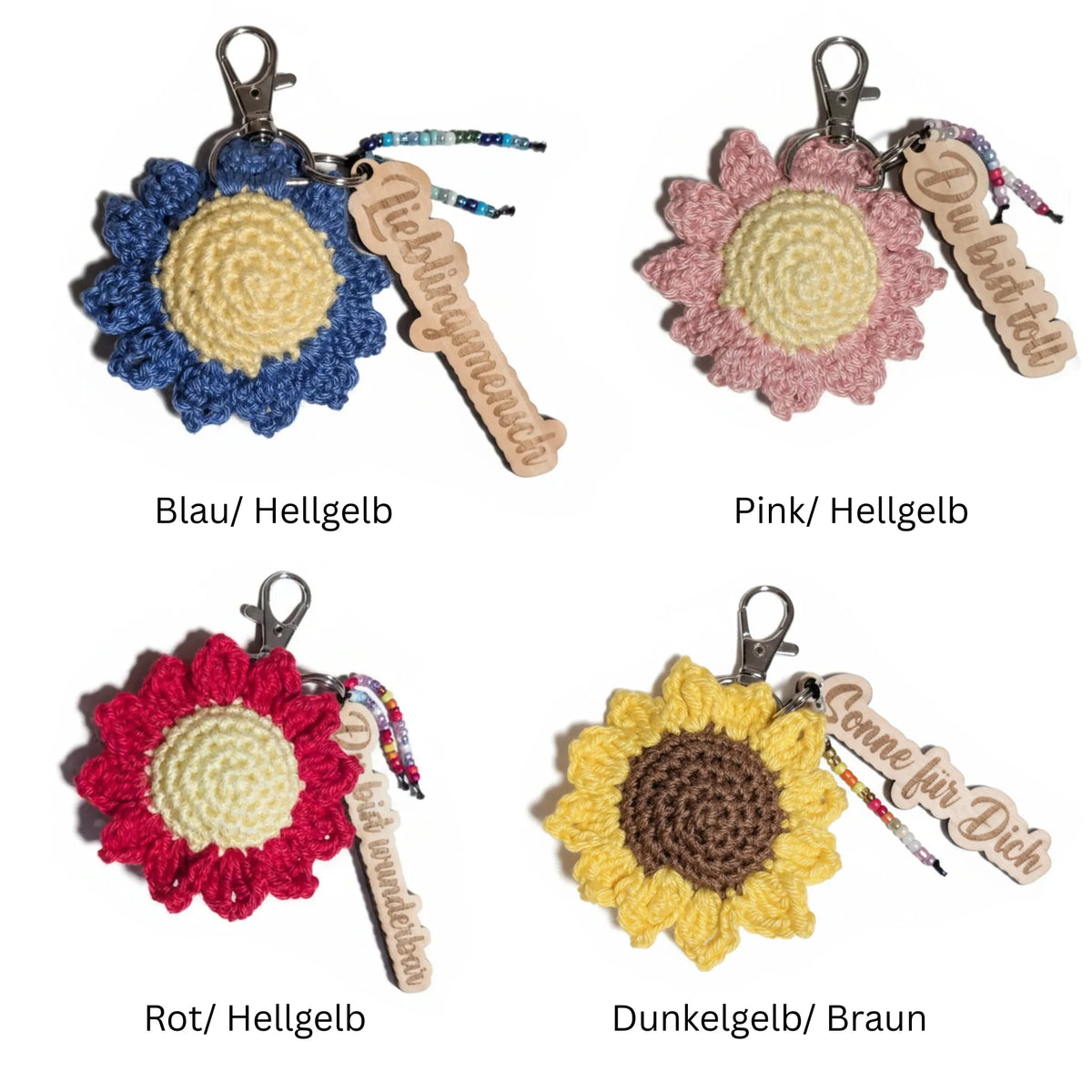 Komplimentenblume Schlüsselanhänger - Handgemachte Häkelblume mit 6 Sprüchen - Maloah Handmade Design