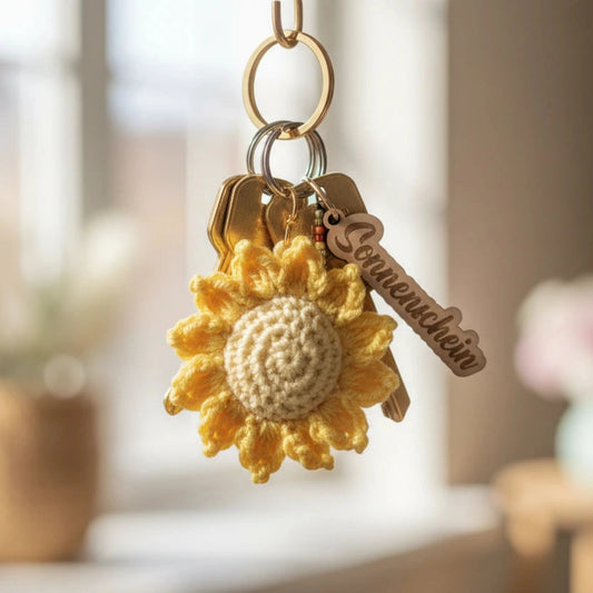 Komplimentenblume Schlüsselanhänger - Handgemachte Häkelblume mit 6 Sprüchen - Maloah Handmade Design