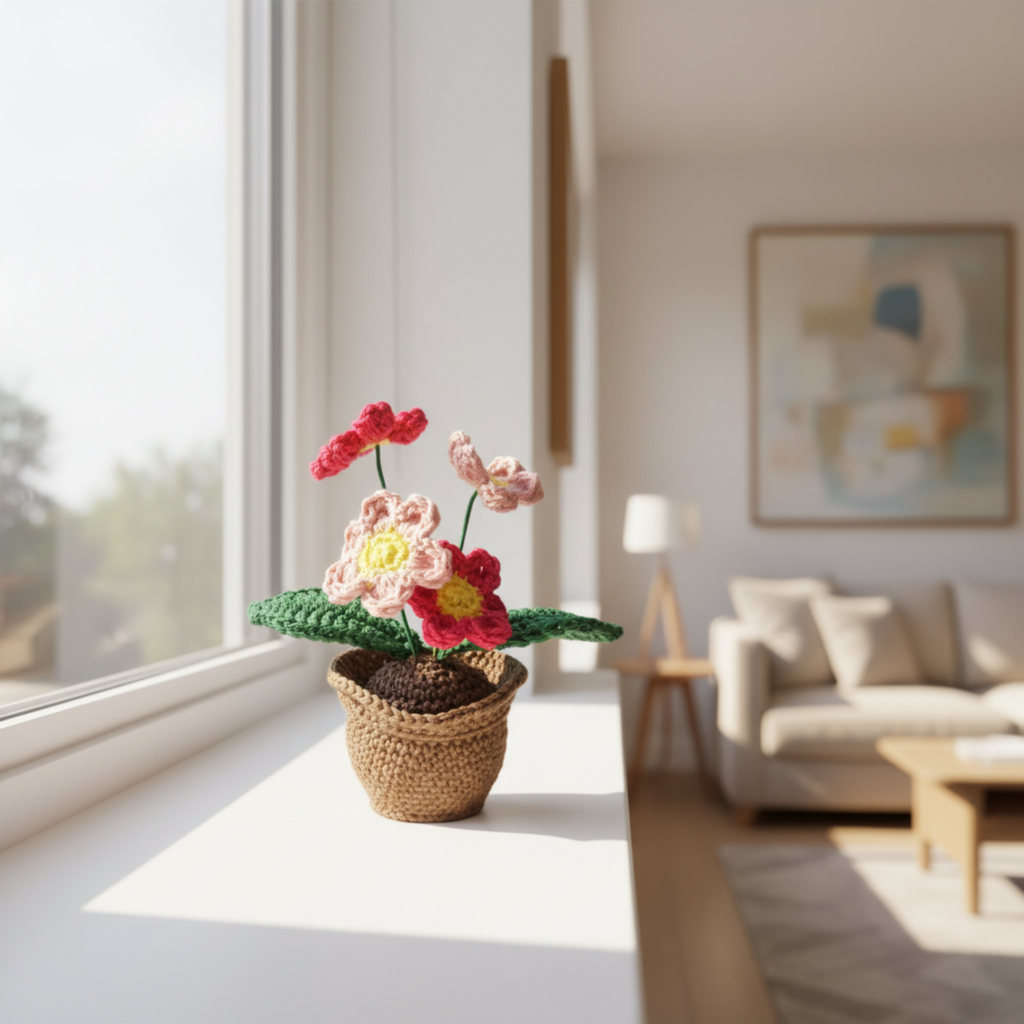 Handgehäkelte Blume im Topf – Ewige Deko mit Herz - Maloah Handmade Design