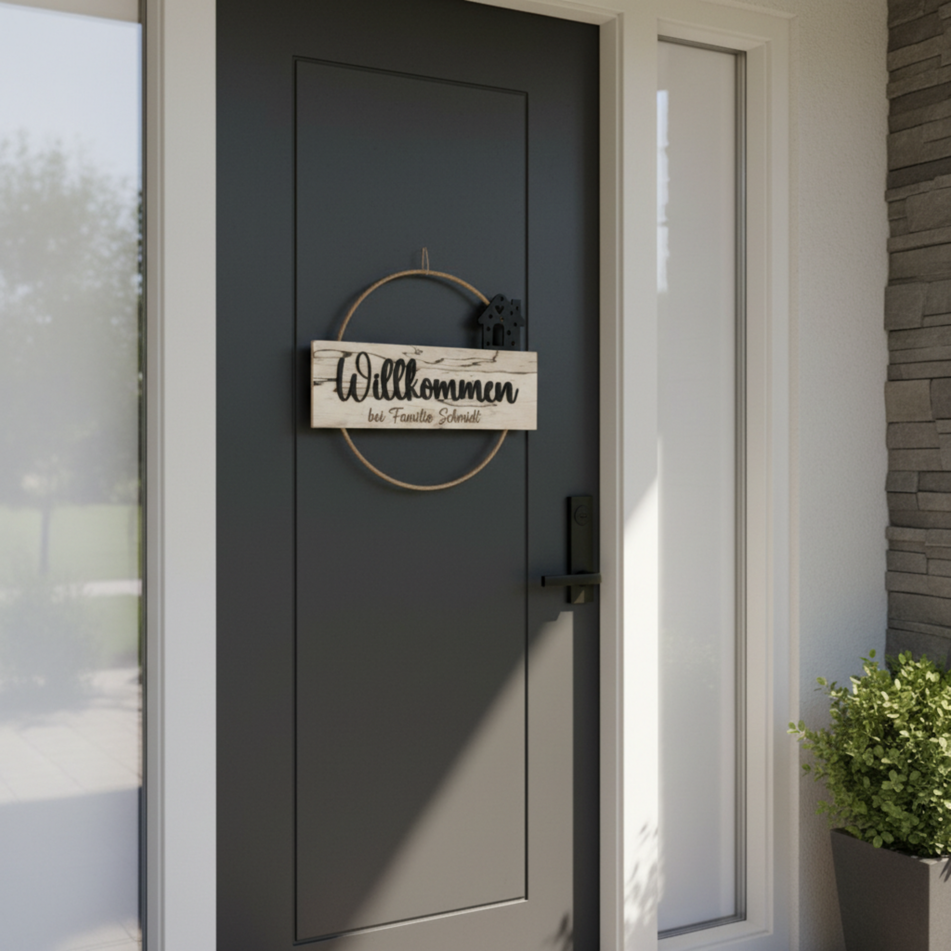 Personalisierter Türkranz Willkommen mit Namen Detail Holz Haus-Motiv rustikal

