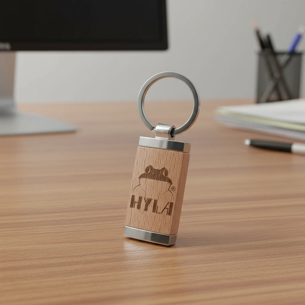 Schlüsselanhänger aus Holz und Metall mit Schlüsselring – elegantes Design, langlebig und handgefertigt. mit firmenlogo