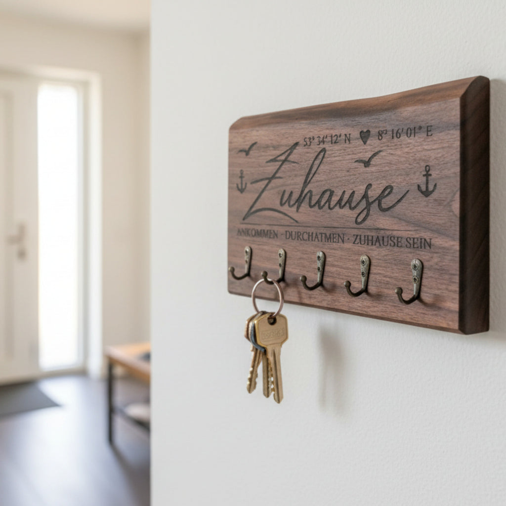 Detailaufnahme eines handgefertigten Schlüsselbrett aus Nussbaum mit maritimer Gravur
