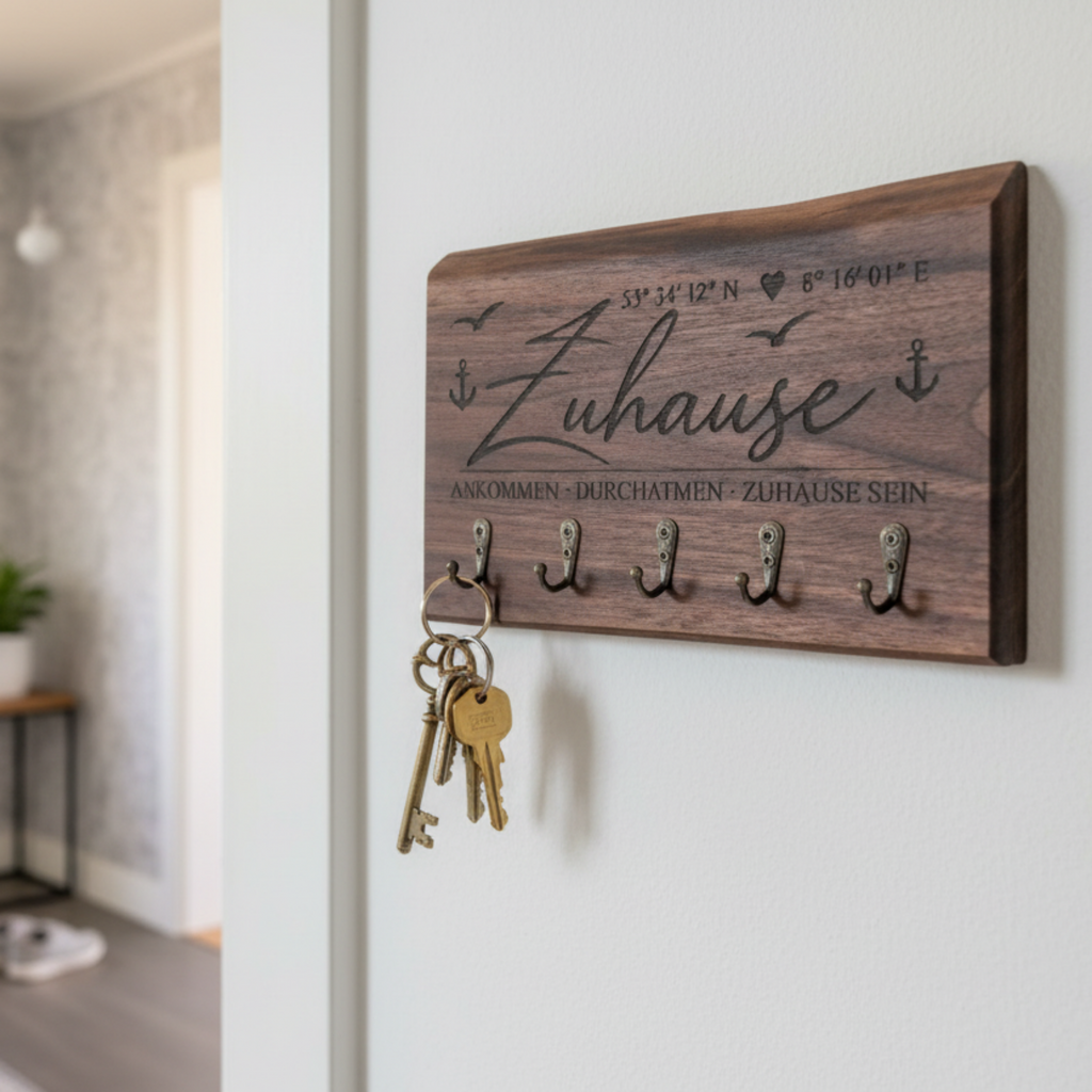 Premium Schlüsselhalter aus Nussbaum für die Wand mit maritimer Lasergravur