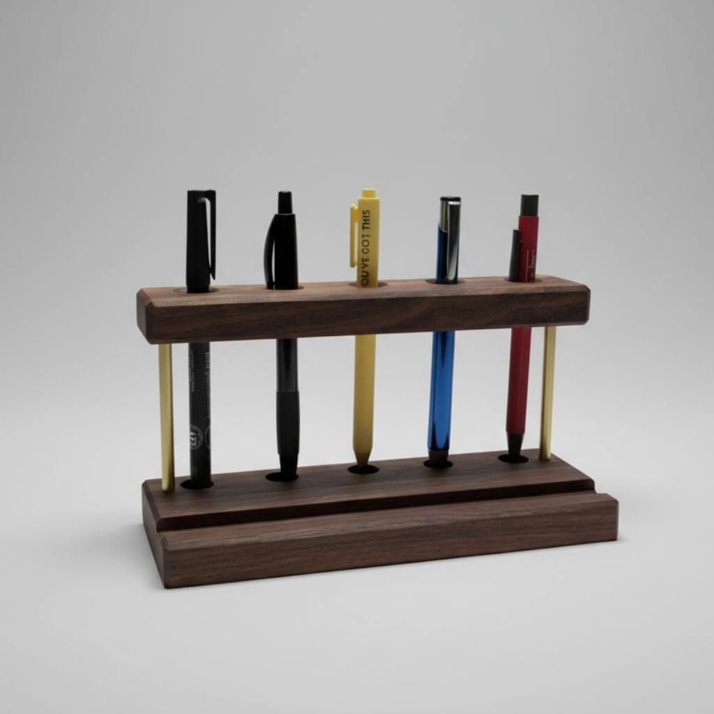 Premium Schreibtisch-Organizer aus Nussbaum und Messing mit Stiftehalter und Smartphone-Ablage