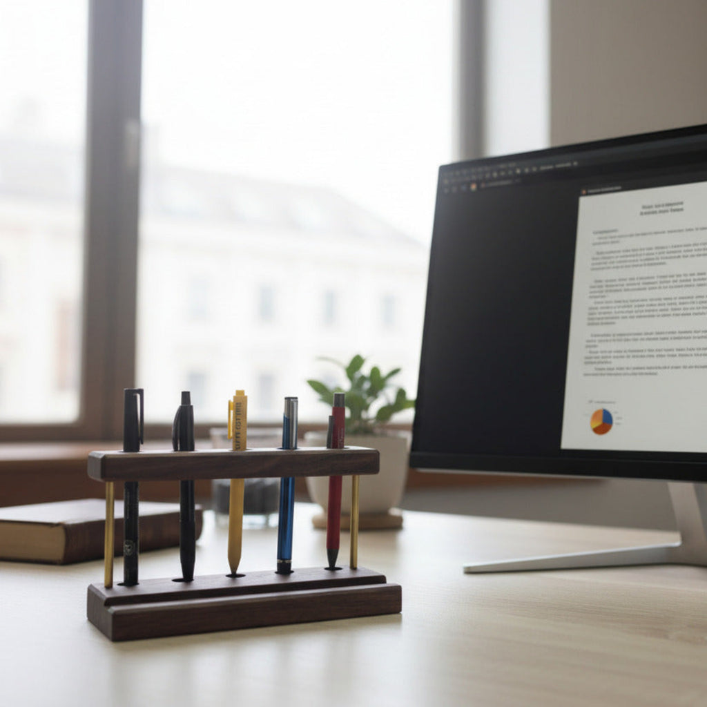 Premium Schreibtisch-Organizer aus Nussbaum und Messing mit Stiftehalter und Smartphone-Ablage