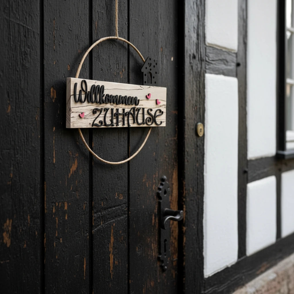 Türkranz Willkommen Zuhause Geschenk Hauseinweihung Einzug Holzhaus-Motiv
