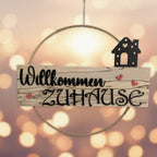 Türkranz Willkommen Zuhause aus gestockter Buche 30cm handgefertigt mit Haus-Motiv
