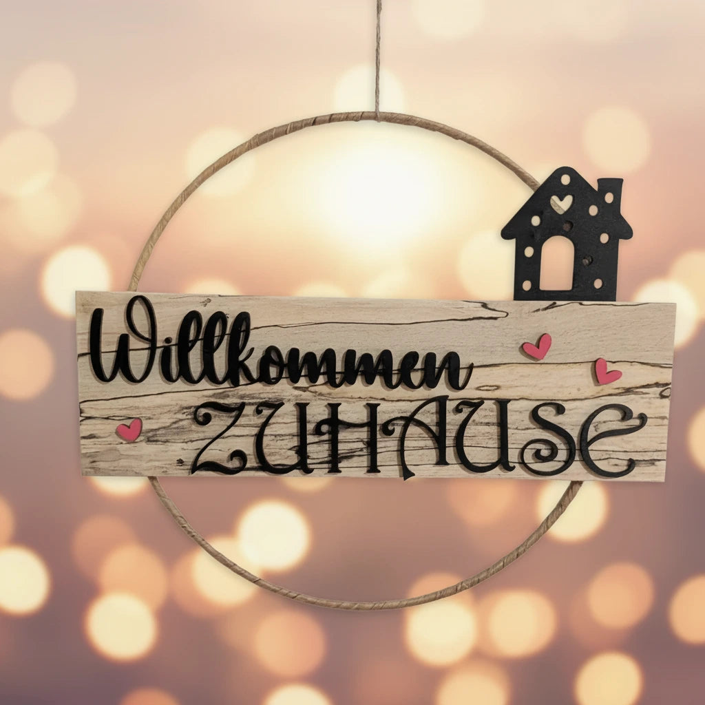 Türkranz Willkommen Zuhause aus gestockter Buche 30cm handgefertigt mit Haus-Motiv
