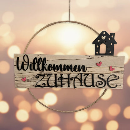 Türkranz Willkommen Zuhause aus gestockter Buche 30cm handgefertigt mit Haus-Motiv
