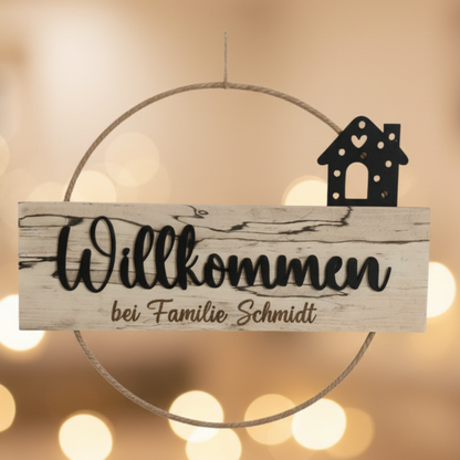 Türkranz Willkommen personalisiert mit Familiennamen aus gestockter Buche 30cm handgefertigt
