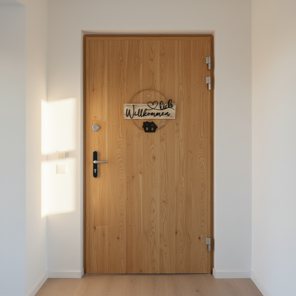 Türkranz ganzjährig Haustür Willkommen Schriftzug Holzwolle Detail