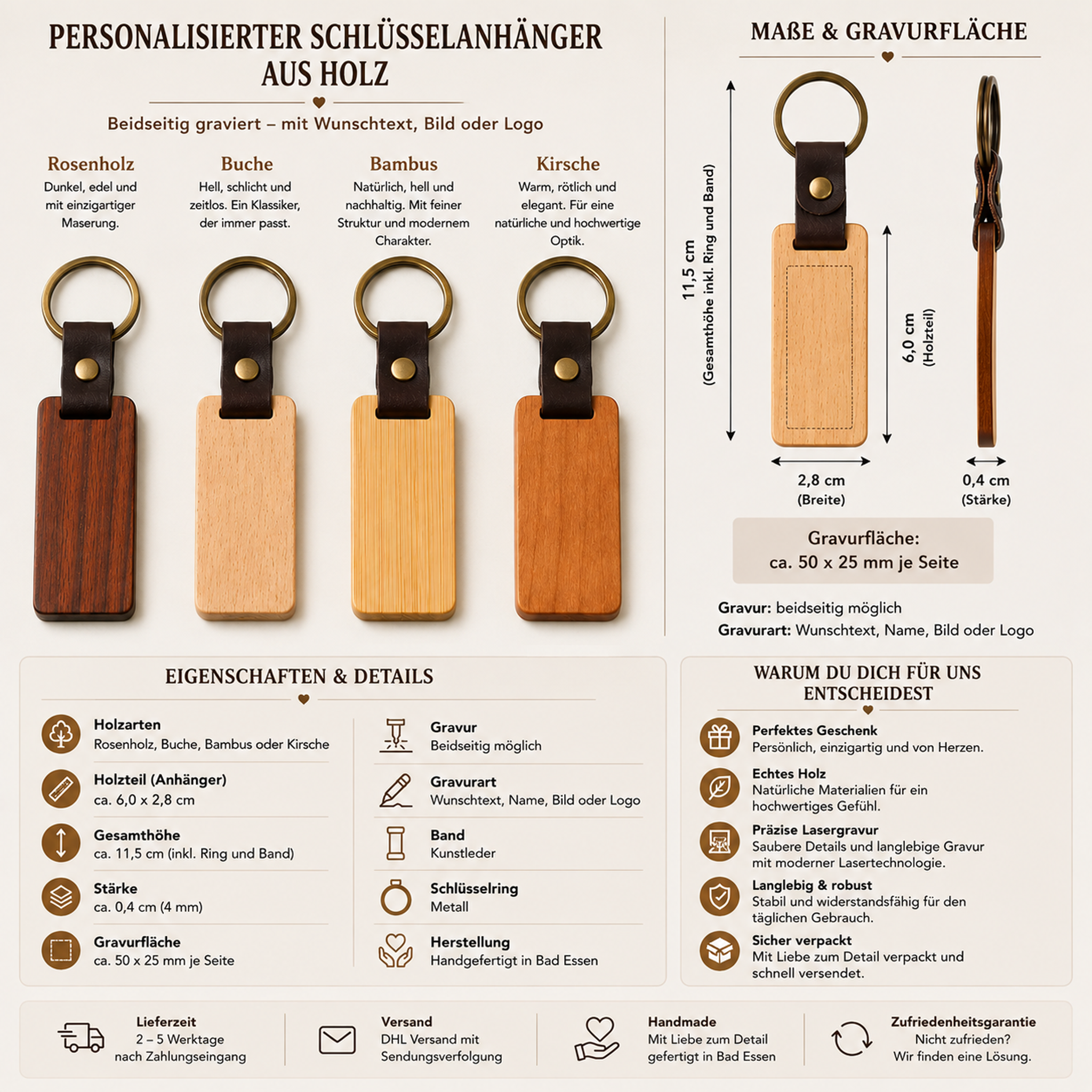 Personalisierter Schlüsselanhänger aus Holz mit Wunschgravur - Maloah Handmade Design