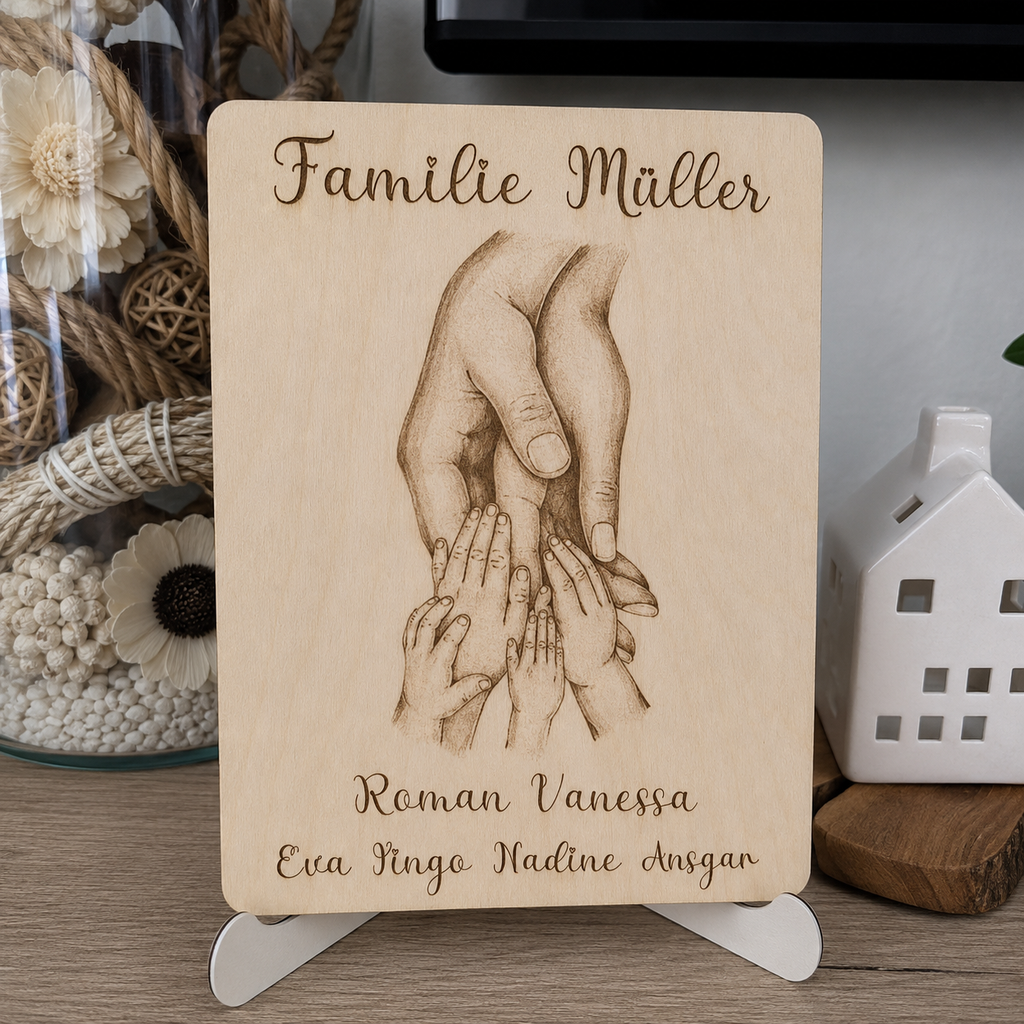 Personalisiertes Holzbild mit Händen & Namen „Our Family" | Geschenk für Paare & Familien - Maloah Handmade Design