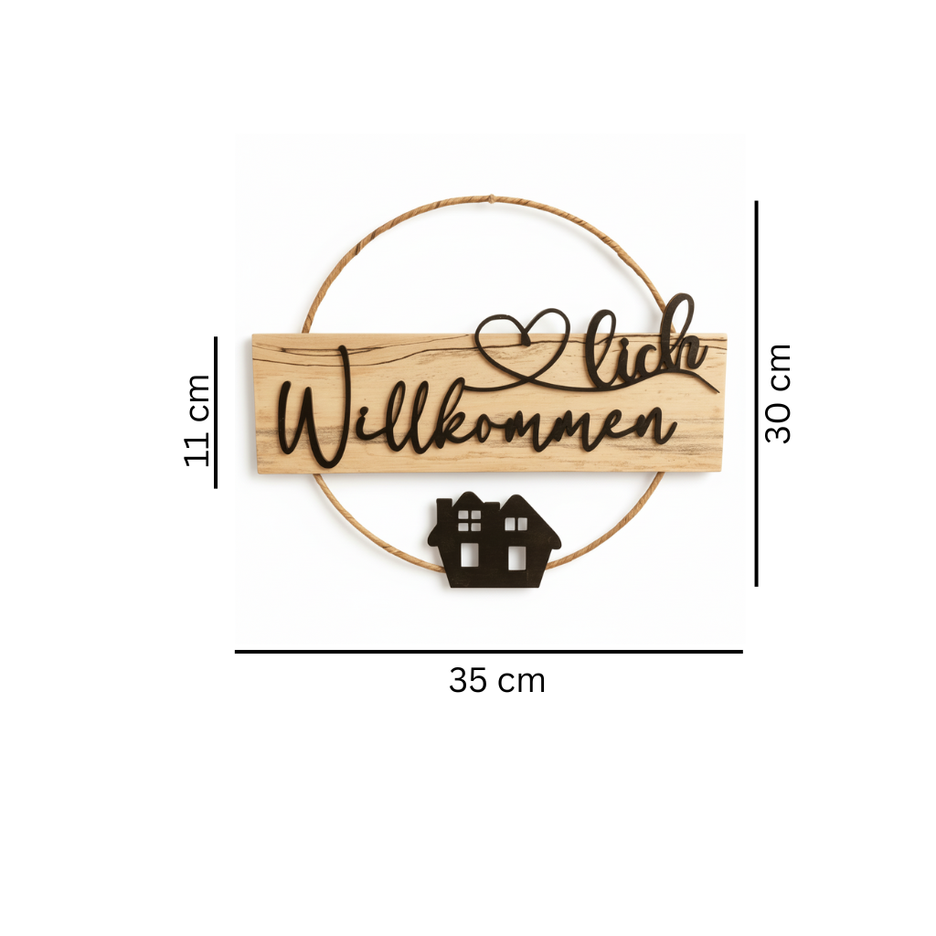 Türkranz Herzlich Willkommen Handgefertigt | Holz Doppelhaus 30cm - Maloah Handmade Design