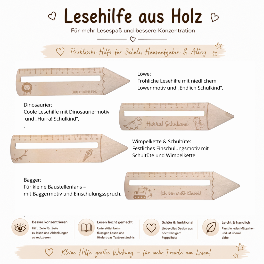 Lesehilfe aus Holz zur Einschulung – Verschiedene Motive - Maloah Handmade Design