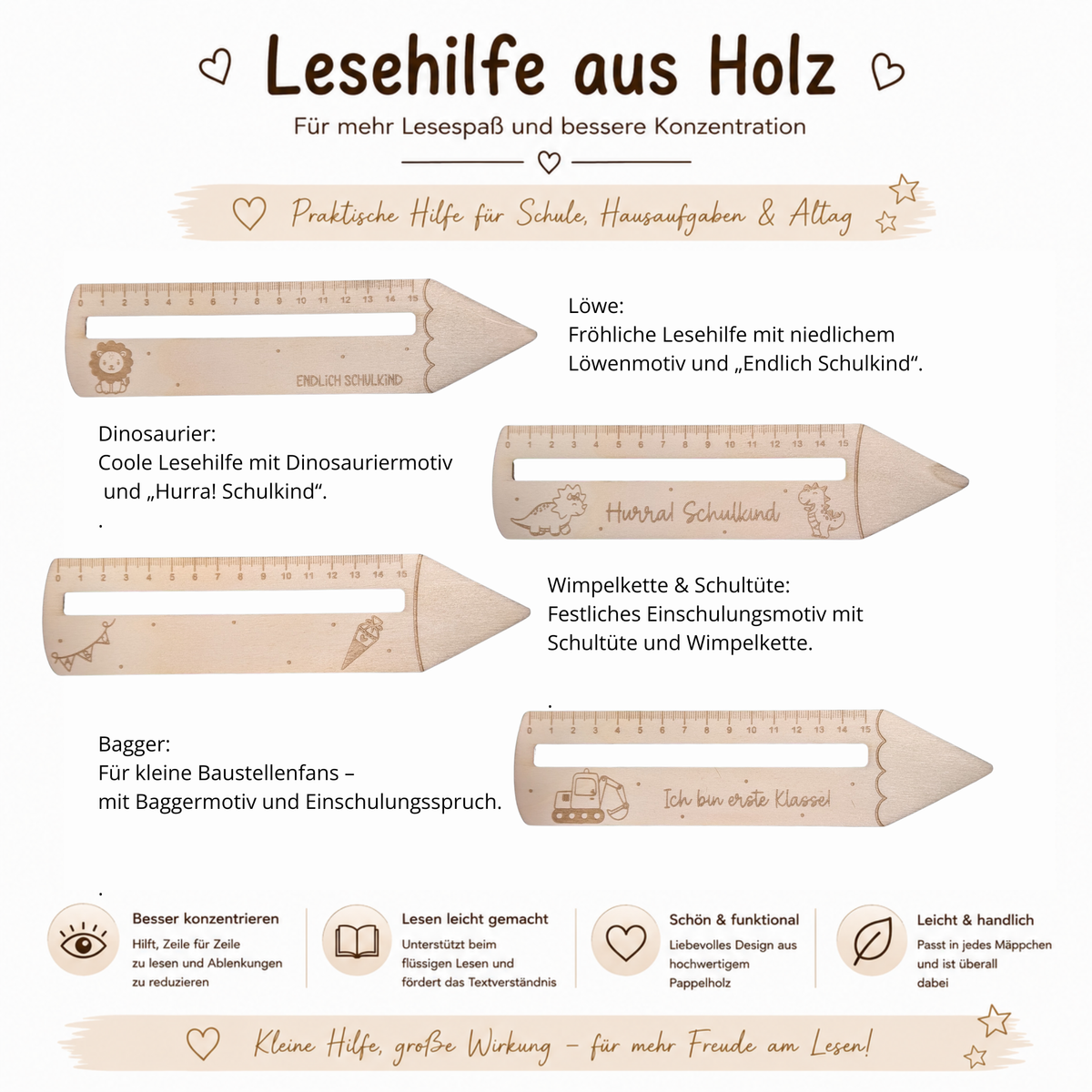 Lesehilfe aus Holz zur Einschulung – Verschiedene Motive - Maloah Handmade Design