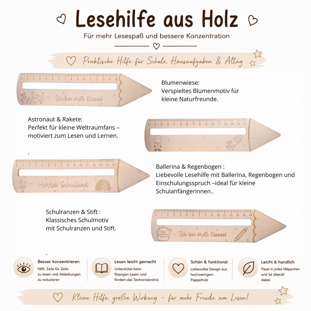Lesehilfe aus Holz zur Einschulung – Verschiedene Motive - Maloah Handmade Design