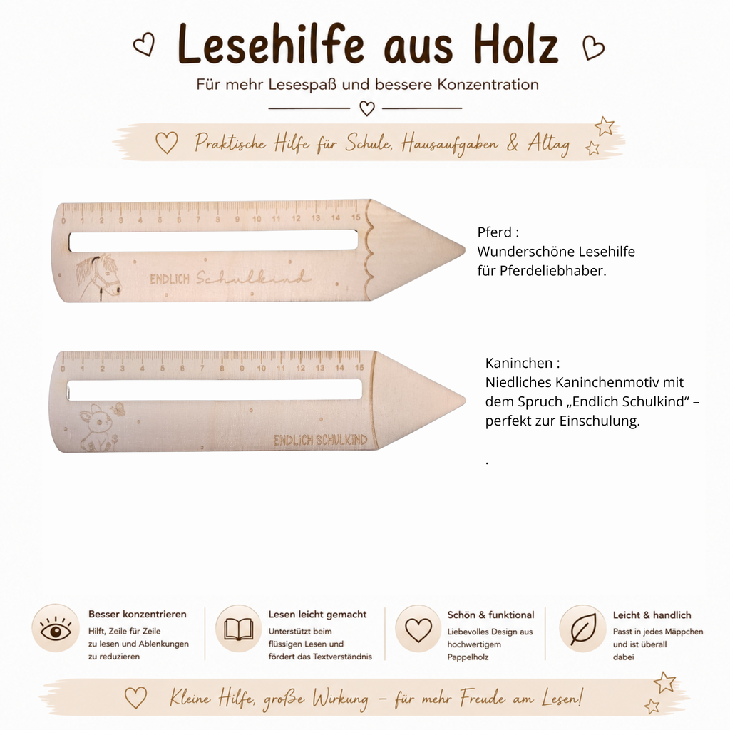 Lesehilfe aus Holz zur Einschulung – Verschiedene Motive - Maloah Handmade Design
