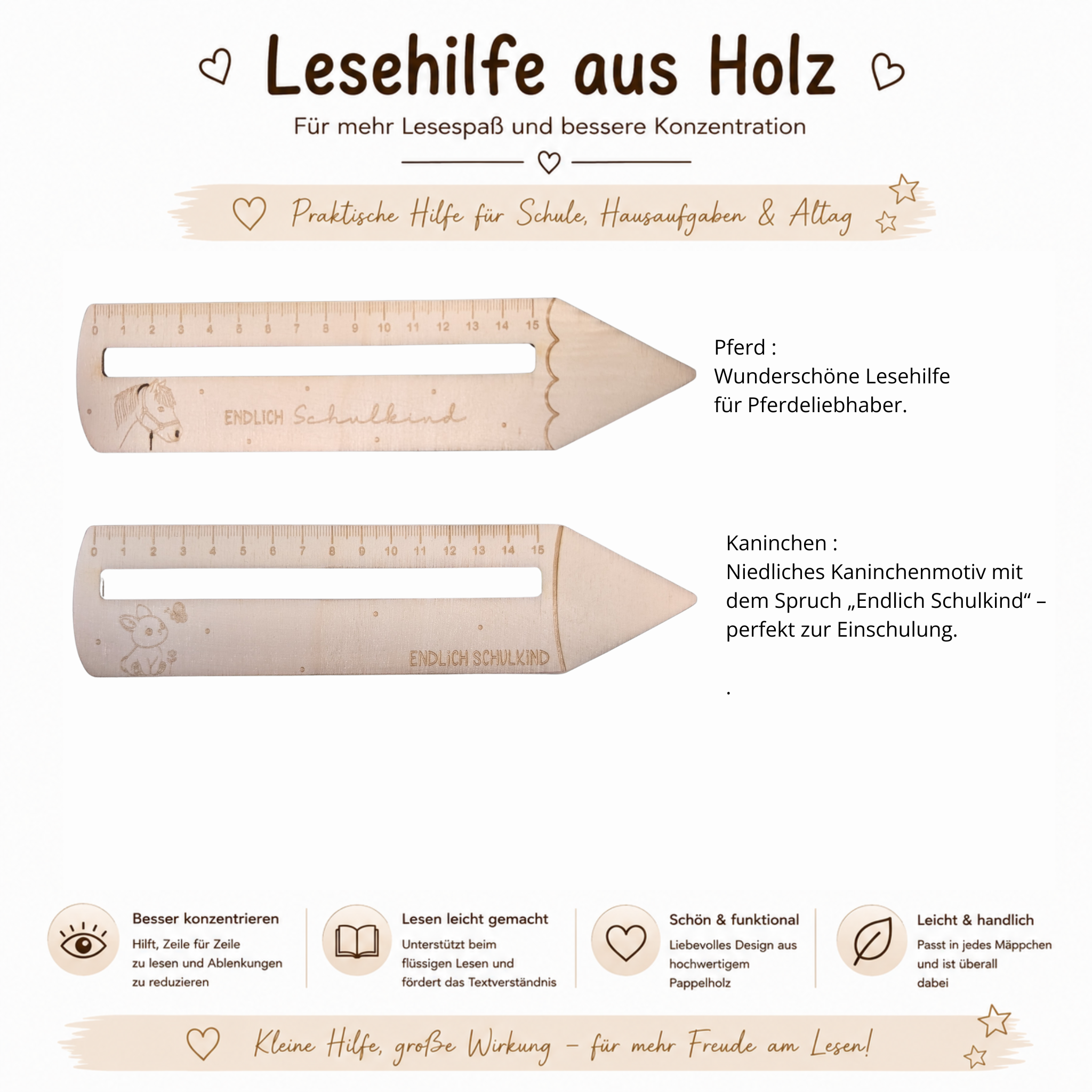 Lesehilfe aus Holz zur Einschulung – Verschiedene Motive - Maloah Handmade Design