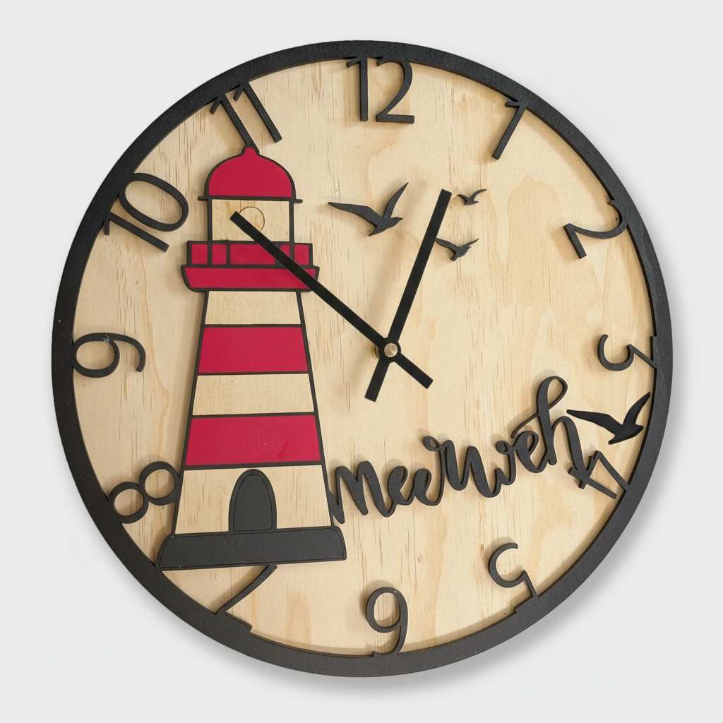 Maritime Wanduhr mit Leuchtturm & „Meerweh“-Spruch - Maloah Handmade Design