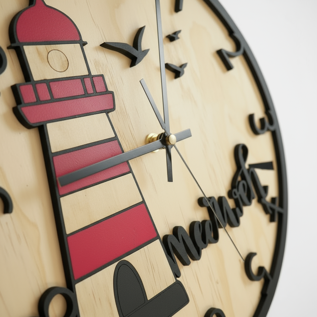 Maritime Wanduhr mit Leuchtturm & „Meerweh“-Spruch - Maloah Handmade Design