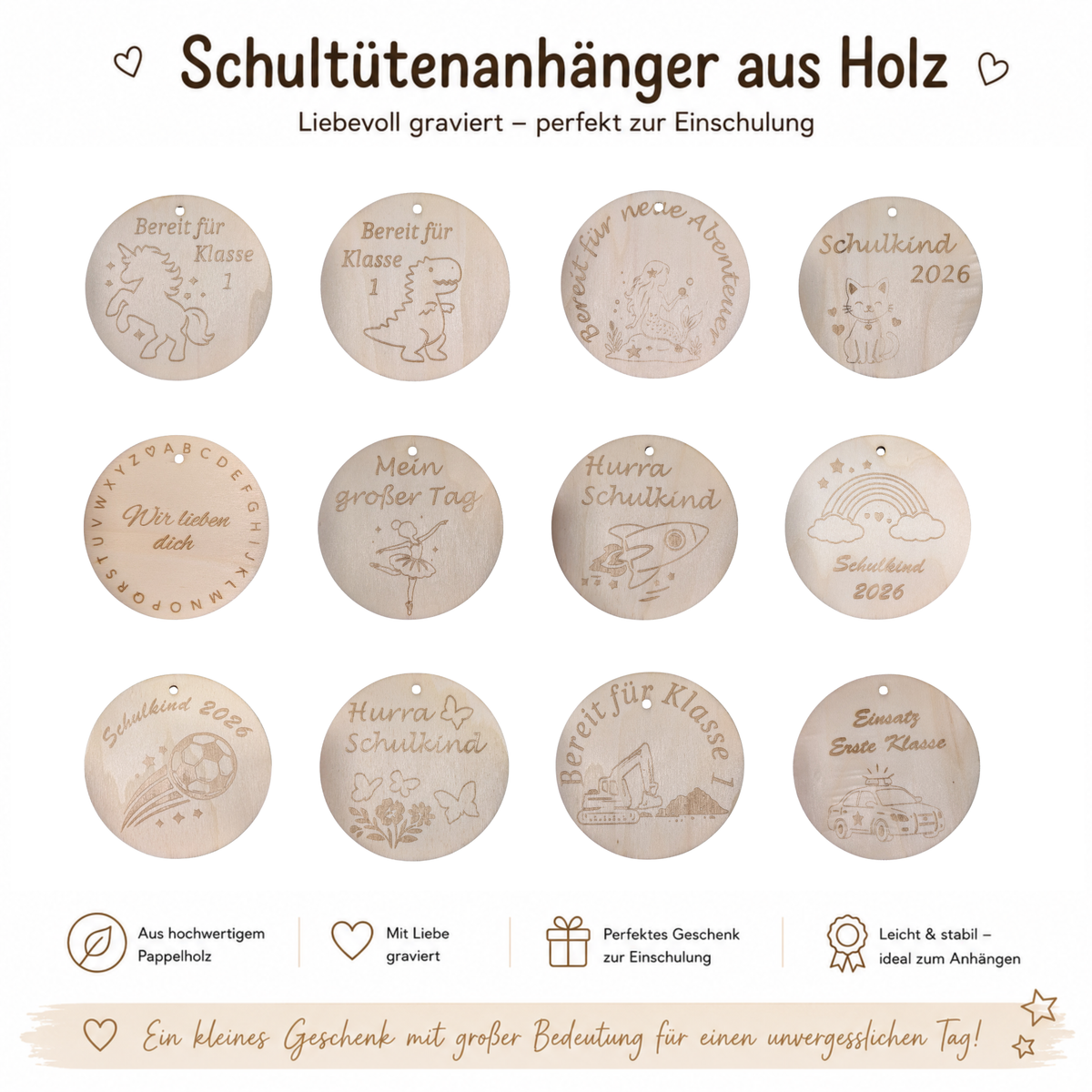 Schultütenanhänger aus Holz zur Einschulung 2026 - Maloah Handmade Design
