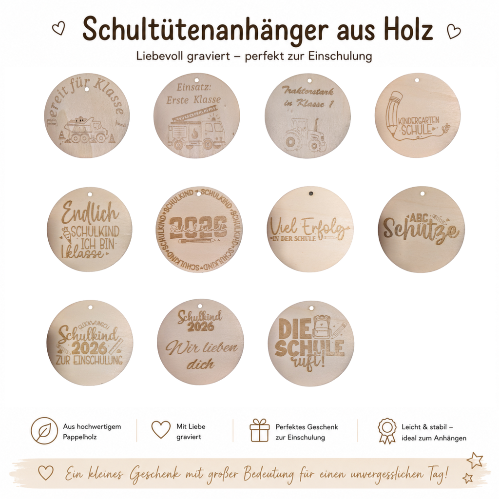 Schultütenanhänger aus Holz zur Einschulung 2026 - Maloah Handmade Design