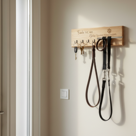 Schlüsselbrett Esche „Familie ist, wo Pfoten Spuren hinterlassen" – 4 Haken + Leinenhalter - Maloah Handmade Design