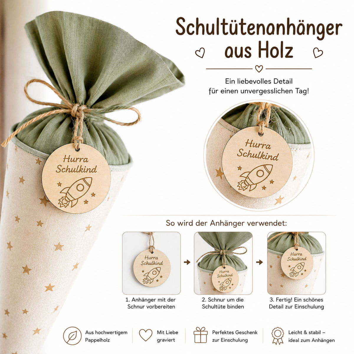 Schultütenanhänger aus Holz zur Einschulung 2026 - Maloah Handmade Design