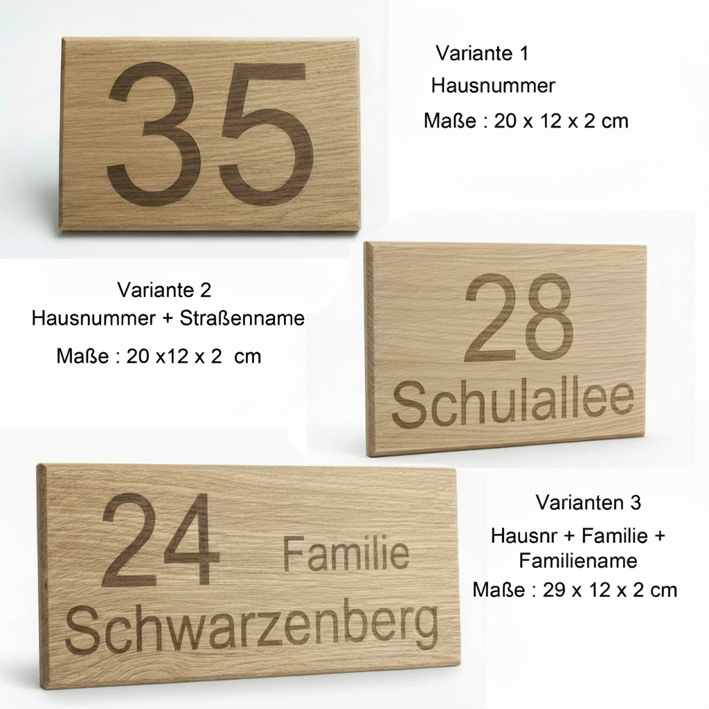 Personalisiertes Haustürschild aus Eiche – Hausnummer & Wunschgravur