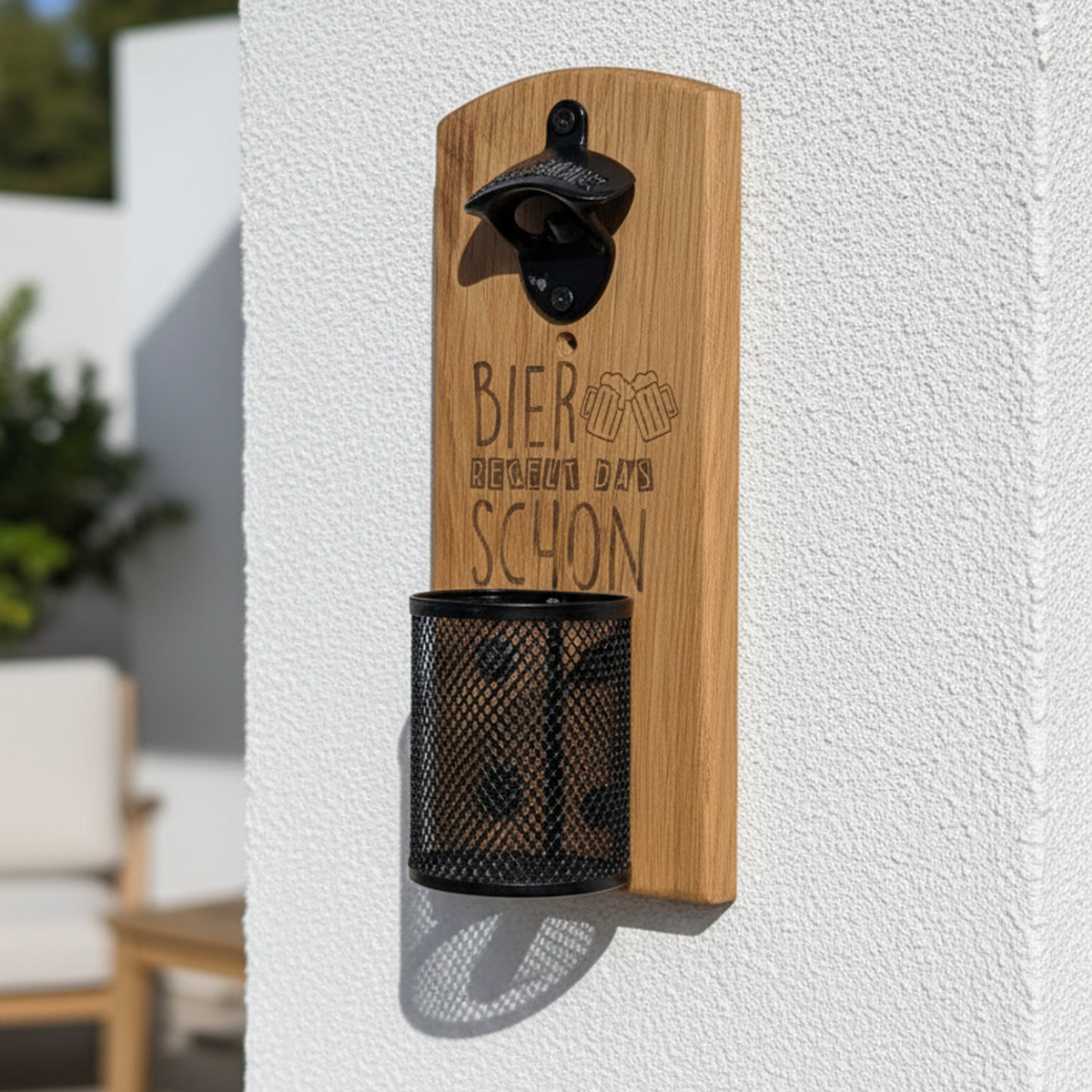 Wandflaschenöffner mit Magnetkorb Holz | Personalisierbar Esche Eiche Buche - Maloah Handmade Design