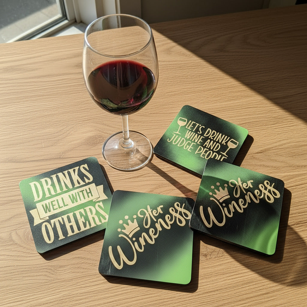 Gravierter Wein-Untersetzer aus Kiefernholz - Maloah Handmade Design