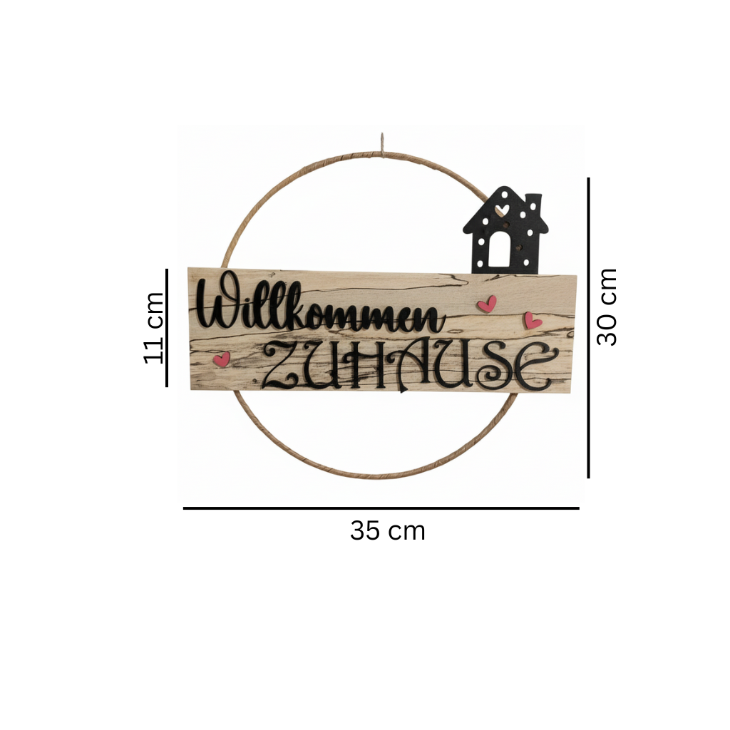 Türkranz Willkommen Zuhause aus Holz – Handgefertigt 30cm Ganzjährig - Maloah Handmade Design